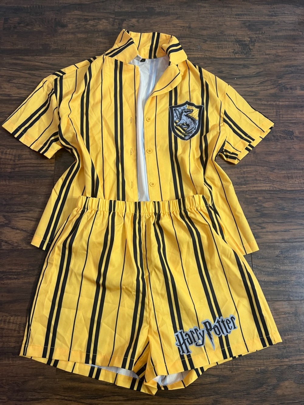 Striped Yellow and Black Short Pajama Set with Crest Patch